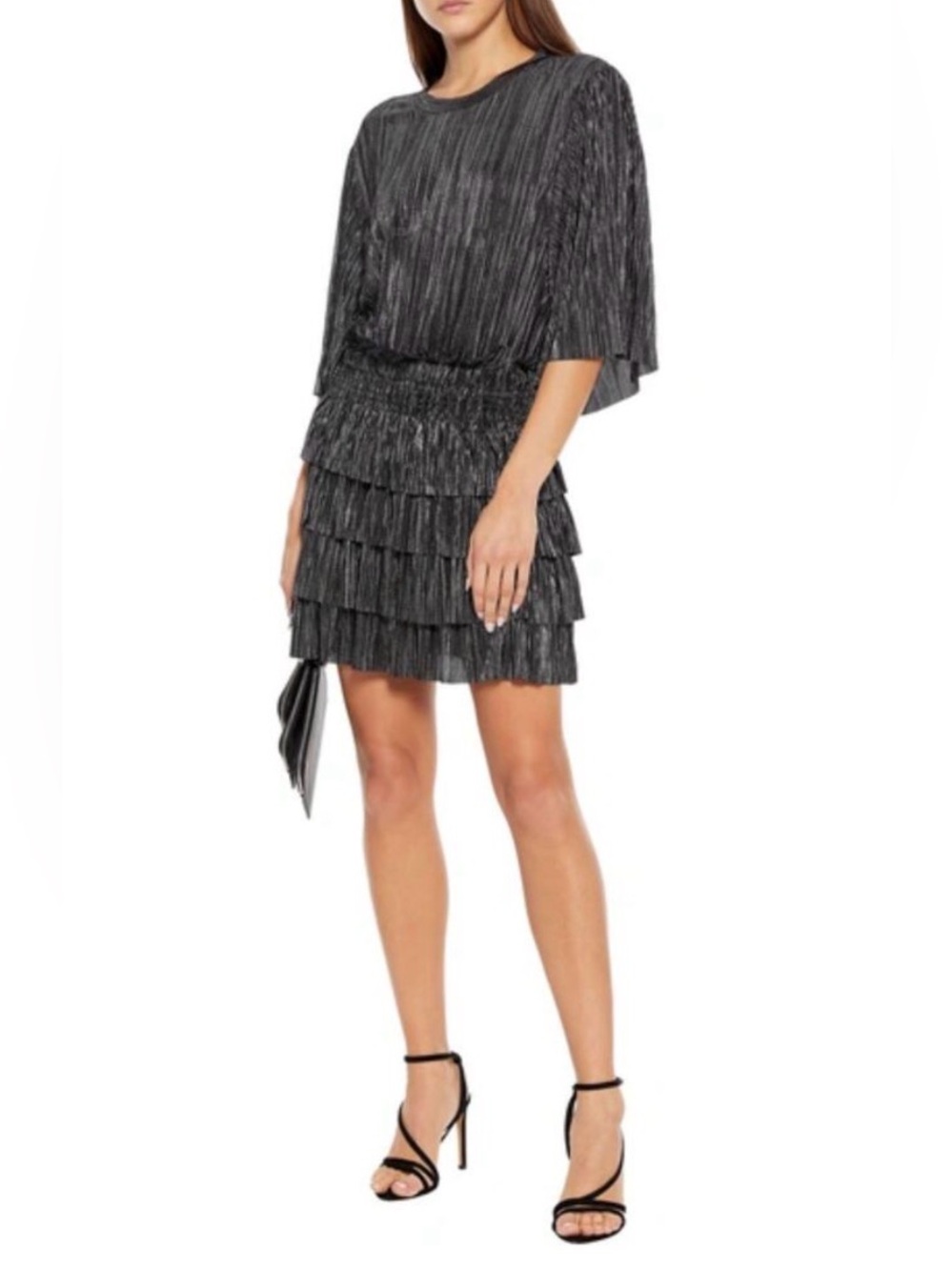 IRO Paris Cuzco Metallic Pleated Black & Silver Mini Dress, size 38/ US 6